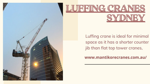 Mantikore Cranes provides well-maintained luffing cranes Sydney services at competitive prices in Sydney and the surrounding area. We are the cranes specialist with over 20 years of experience in the construction industry. We provide the best cranes for sale or hire. Our cranes and personnel are suitably skilled and experienced to overcome all kinds of crane challenges. Ranging from small to large projects we have a crane to meet your needs. Hire now: 1300626845. Opening timing is Monday to Friday 7 am to 7 pm. Drop your requirement at info@mantikorecranes.com.au or visit us at https://mantikorecranes.com.au/