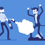 male devil exorcism expulsion evil spirit from man with fire extinguisher driving out demon rite rit