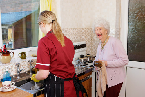 carer helps her elderly pactient by washing the dishes for her