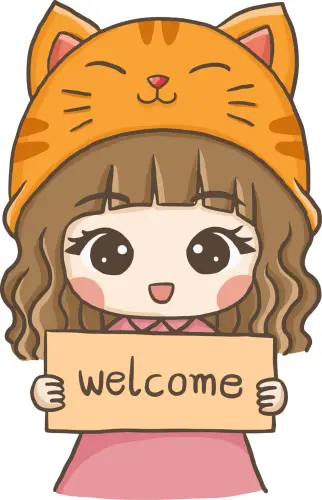 welcome sign cartoon cute girl wearing a cat hat drawing free vector.webp