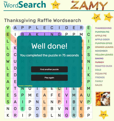 ARYA’S MAGICAL ART Thanksgiving Raffle Wordsearch