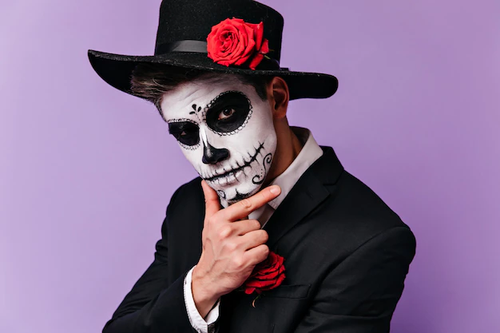 pensive man with traditional mexican makeup looking camera studio shot guy zombie outfit posing befo.png